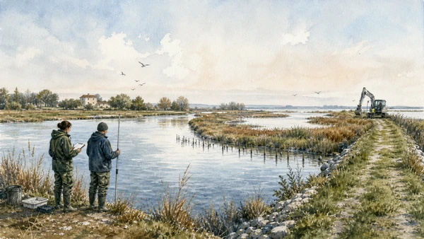 Original documentary watercolour of Po Delta adaptation with monitoring station, restored marsh, levee work and salt-fresh water boundary
