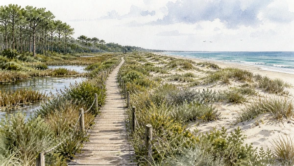 Original documentary watercolour transect of Porto Caleri boardwalk from pinewood and wetland through dunes to Adriatic beach