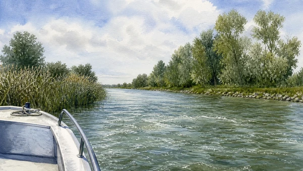 Original documentary watercolour from a small authorised boat on Po di Maistra with reeds, riparian woods and levees