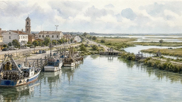 Original documentary watercolour of a Porto Tolle settlement with fishing port, levee road, farms and distributary