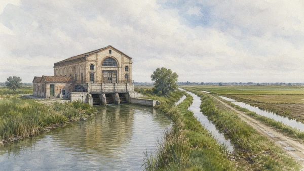 Original documentary watercolour of Ca' Vendramin pumping station, drainage canals, fields and water-level difference
