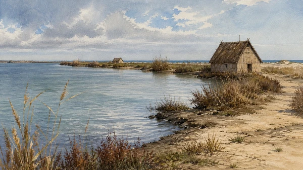 Original documentary watercolour of Scano Boa sand barrier, lagoon, Adriatic edge and traditional casoni