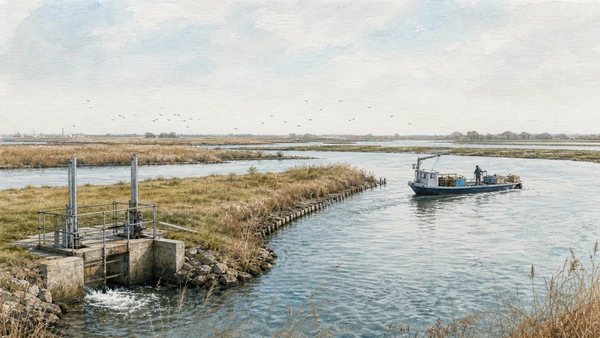 Original documentary watercolour of Po Delta fishing valleys with sluices, low banks, work boat and distant birds