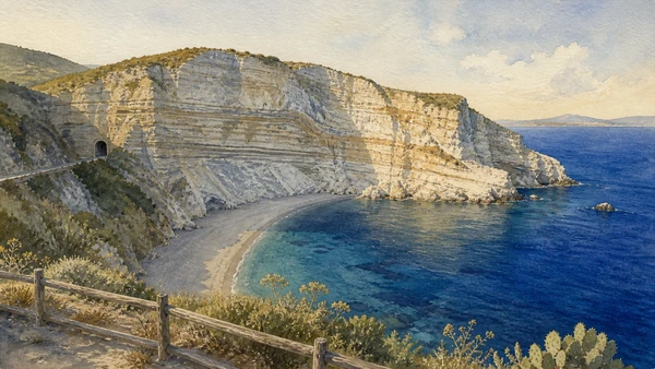 Original documentary watercolour from the safe public belvedere above Chiaia di Luna showing the crescent volcanic cliff, closed shore and Roman tunnel alignment without people on the beach