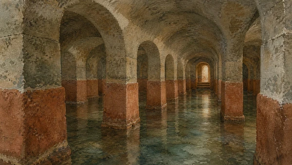 Original documentary watercolour inside the Cisterna della Dragonara showing its grid of rock-cut passages, masonry piers, vaulted roof and surviving hydraulic lining