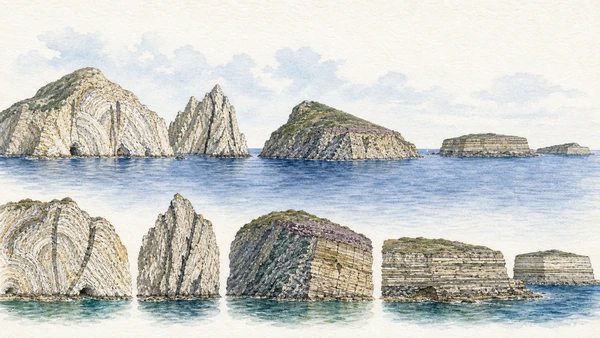 Original documentary watercolour geological panorama comparing the pale volcanic domes of Ponza and Palmarola with Zannone's mixed rocks and the layered plateaux of Ventotene and Santo Stefano