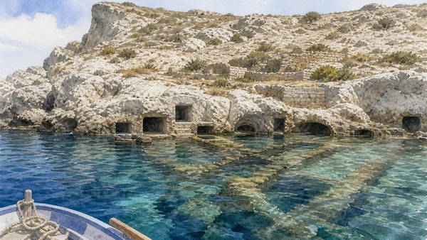 Original documentary watercolour from a small boat outside the Grotte di Pilato showing Roman-cut fishpond openings, connecting channels and Punta della Madonna above