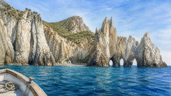Original documentary watercolour from offshore Palmarola showing pale volcanic cliffs, dark dykes, Cathedral-like stacks, dwarf palms and the small conditional landing at Cala San Silverio