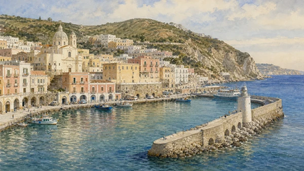 Original documentary watercolour of Ponza's Bourbon harbour showing the curved mole, lighthouse, lower warehouses, coloured houses and domed church as one working urban composition