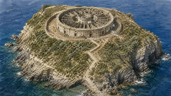 Original documentary watercolour from above Santo Stefano showing the circular Bourbon prison, radial cell blocks, steep landing path and controlled conservation worksite
