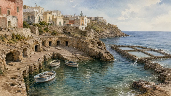 Original documentary watercolour of Ventotene's Roman harbour with rock-cut ramps and stores continuing toward the nearby tripartite Peschiera Romana at Punta Eolo