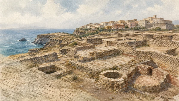 Original documentary watercolour of Villa Giulia's archaeological terraces on Punta Eolo with Ventotene town beyond and a restrained archival layer evoking the 1941 federalist manifesto
