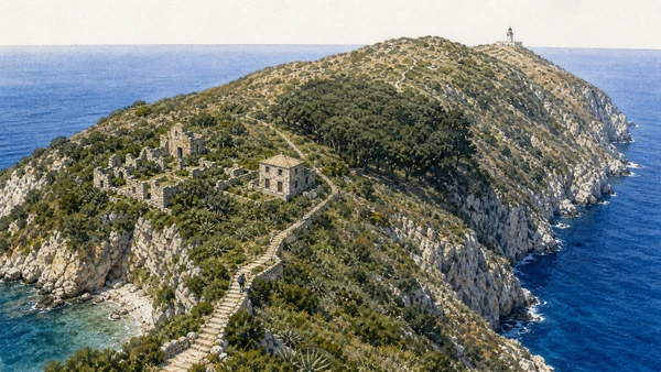 Original documentary watercolour of Zannone's official trail climbing from Caletta del Varo through scrub past monastery ruins and holm oaks toward the remote lighthouse