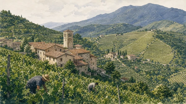 Original documentary watercolour of Cartizze's steep 107-hectare hill mosaic, villages and hand-tended vines