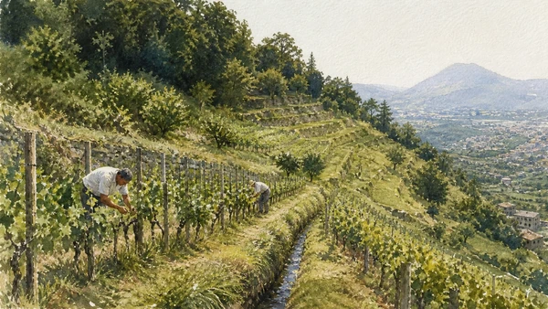 Original documentary watercolour of steep ciglioni vineyards, hand workers, drainage and woodland mosaic