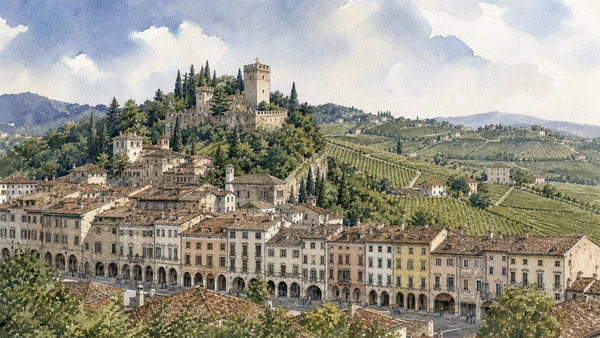 Original documentary watercolour of Conegliano castle hill, arcaded centre and wine-school landscape