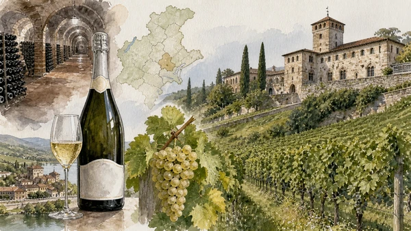 Original documentary watercolour still life of a correctly generic DOCG bottle label, government seal, map and vineyard origin with no readable brand text