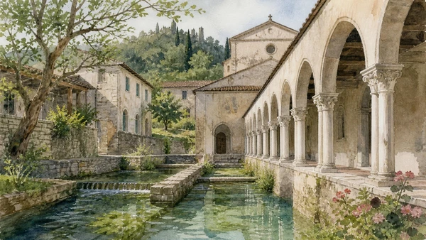 Original documentary watercolour of Follina Abbey cloister, water channels and former wool-working village