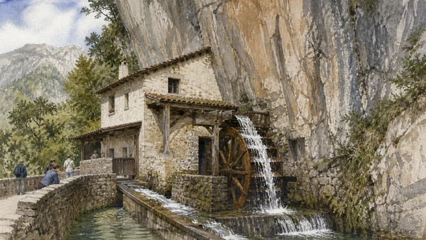 Original documentary watercolour of Molinetto della Croda showing channel, wheel, mill, rock and restrained visitors