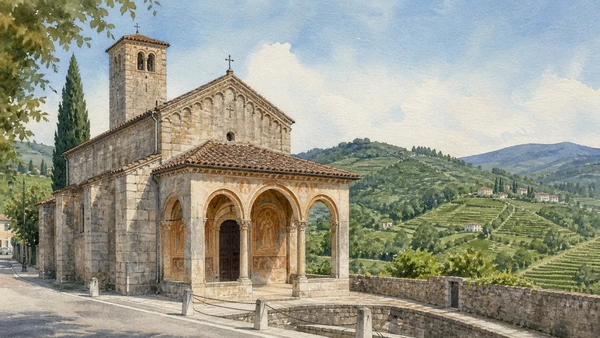 Original documentary watercolour of San Pietro di Feletto parish church, fresco porch and vineyard hills