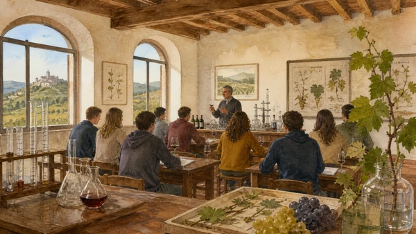 Original documentary watercolour of Conegliano wine education with historic classroom, laboratory glassware and vineyard samples