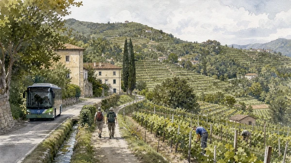 Original documentary watercolour of low-impact visitation, bus and walkers among vineyard mosaic, woods, drainage and working growers