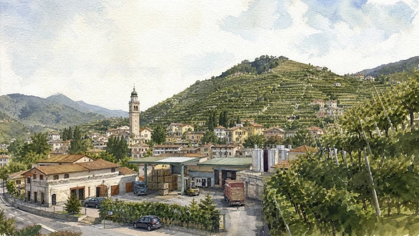 Original documentary watercolour of Valdobbiadene town, working cellars and steep western vineyards