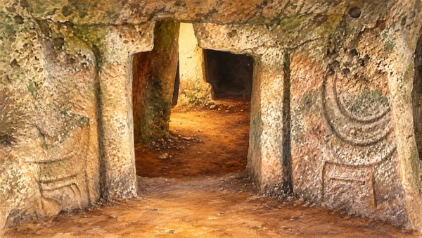 Watercolour: Anghelu Ruju, rock-cut chamber openings and carved sandstone relief detail