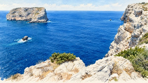 Watercolour: Capo Caccia, limestone foreground and offshore rock above the blue sea