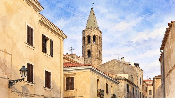 Watercolour: Alghero cathedral, octagonal bell tower and pointed spire seen above old-town houses