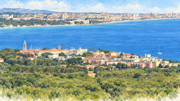 Watercolour: Fertilia, low settlement and bell tower across the bay from Alghero