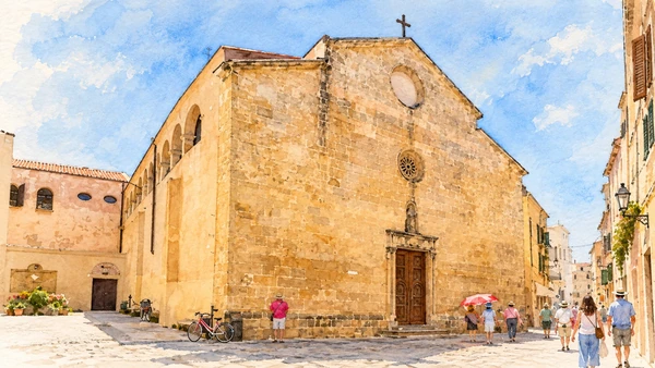 Watercolour: San Francesco in Alghero, weathered sandstone facade and adjoining urban space