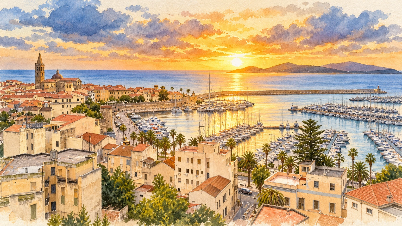 Watercolour: Alghero and the northwest coast establishing view