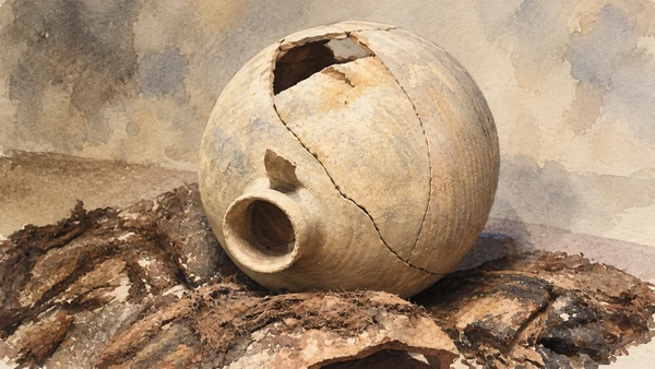Watercolour: MŪSA Alghero, damaged and conserved round ceramic vessel in a documented display