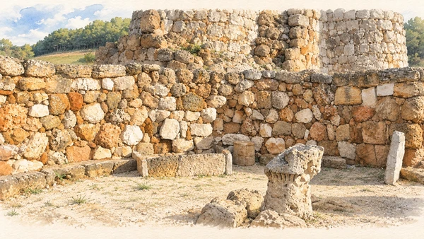 Watercolour: Palmavera, stone meeting-building remains and displayed nuraghe model