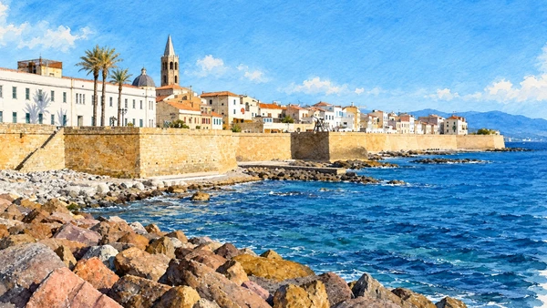 Watercolour: Alghero seafront walls viewed across the rocky shore, houses and cathedral spire behind