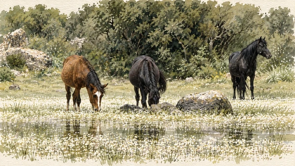 Watercolour: Giara plateau, three free-ranging horses beside a seasonally wet and flowering pool