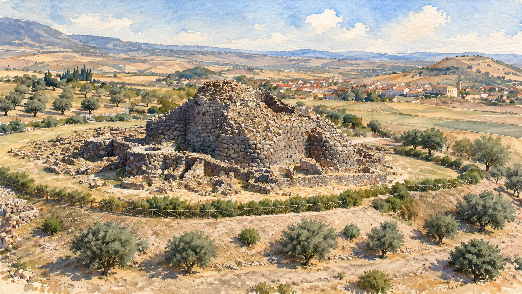 Watercolour: Su Nuraxi and Barumini establishing view