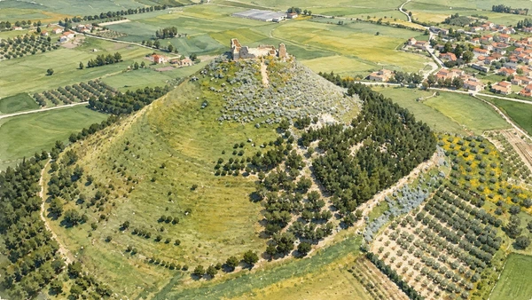 Watercolour: Las Plassas, the conical castle hill with surviving summit walls above fields and olive groves