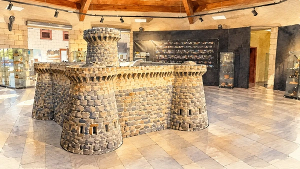 Watercolour: Centro Giovanni Lilliu, modern reconstruction model displayed inside the museum gallery