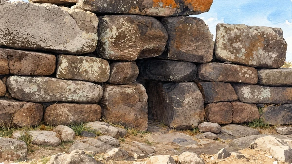 Watercolour: Sa Domu ’e s’Orku at Siddi, close study of the small entrance and massive basalt blocks