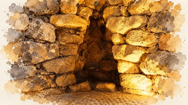 Watercolour: Su Nuraxi central keep, niche in the ground-floor chamber under modern site lighting