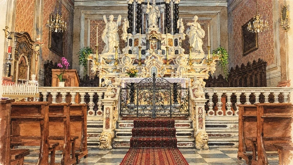 Watercolour: San Pietro at Tuili, the Baroque marble high altar; the Renaissance retablo is not pictured
