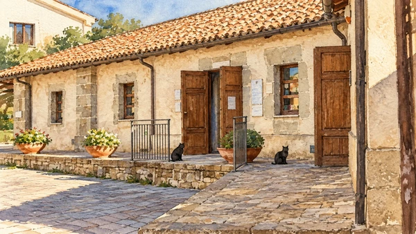 Watercolour: Casa Zapata museum complex, courtyard entrance wing with tiled roof and flowerpots