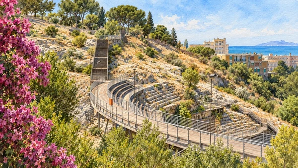 Watercolour: Cagliari Roman amphitheatre, surviving rock-cut seating and modern visitor walkway
