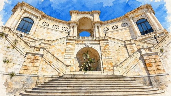 Watercolour: Bastione di Saint Remy, low frontal study of the stairs and central arches