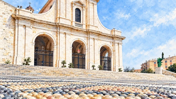 Watercolour: Bonaria basilica, low view of the three-arched entrance and patterned forecourt