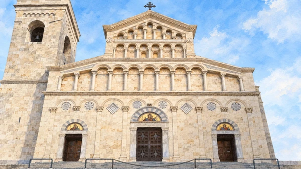 Watercolour: Cagliari Cathedral, close view of the twentieth-century facade and adjoining bell tower