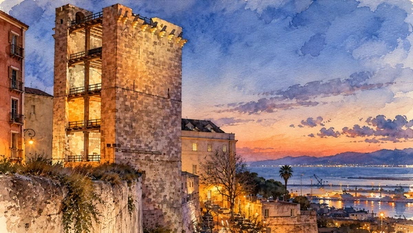 Watercolour: Torre dell’Elefante, limestone tower and exposed rear floors above the harbour