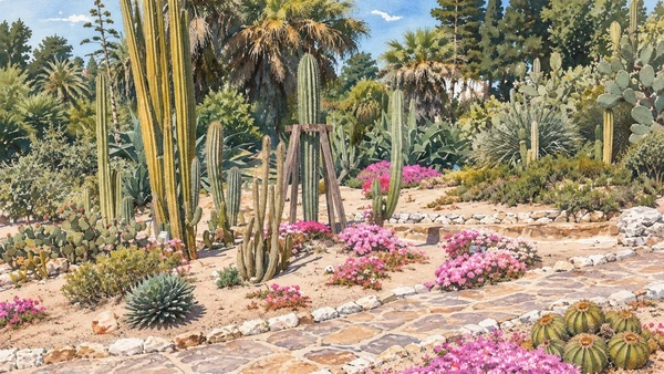Watercolour: Cagliari Orto Botanico, cultivated desert-plant beds with columnar cacti and pink flowers